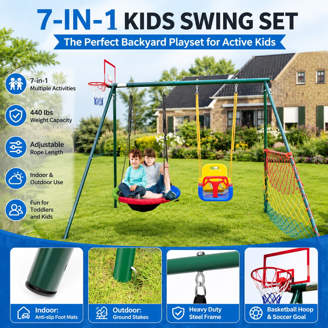 CYFIE 7-in-1 kids swing set with saucer swing, toddler swing, basketball hoop and soccer goal for backyard outdoor play