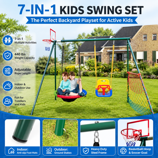 CYFIE 7-in-1 kids swing set with saucer swing, toddler swing, basketball hoop and soccer goal for backyard outdoor play