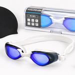 CYFIE white-strap blue mirrored swim goggles with clear case and swimming accessories