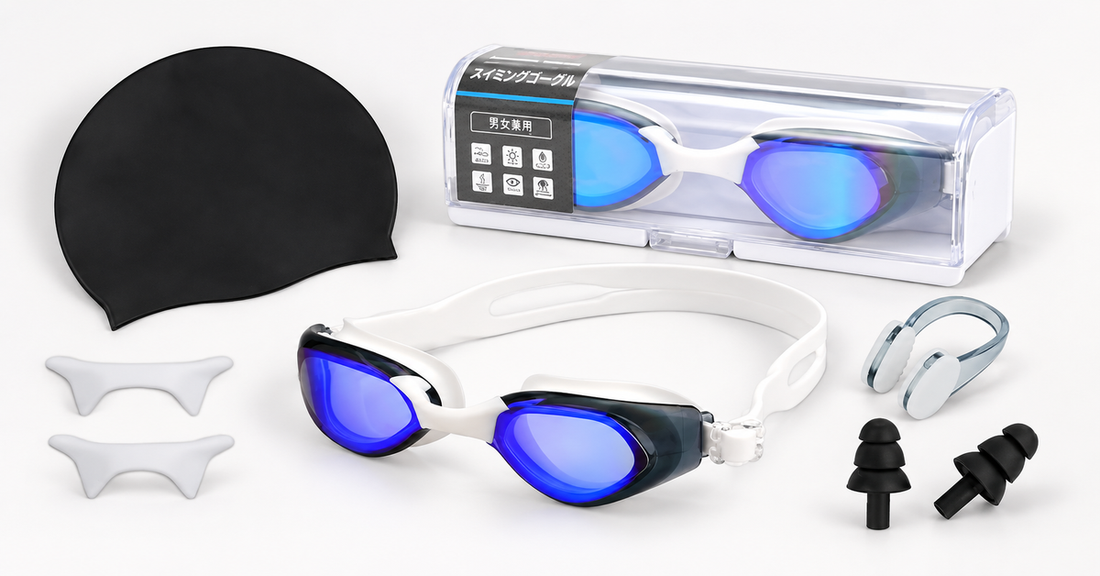 CYFIE white-strap blue mirrored swim goggles with clear case and swimming accessories