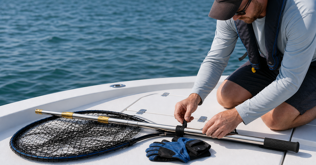 CYFIE telescopic fishing gaff secured beside landing gear on a clean fishing boat deck