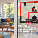 CYFIE red suction-cup basketball hoop with a scoreboard mounted on a smooth indoor glass panel