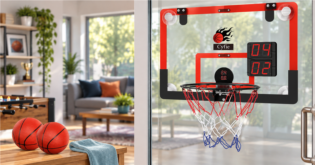 CYFIE red suction-cup basketball hoop with a scoreboard mounted on a smooth indoor glass panel