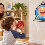 Adult and child preparing a turn with the CYFIE tiger-face basketball toy in a playroom