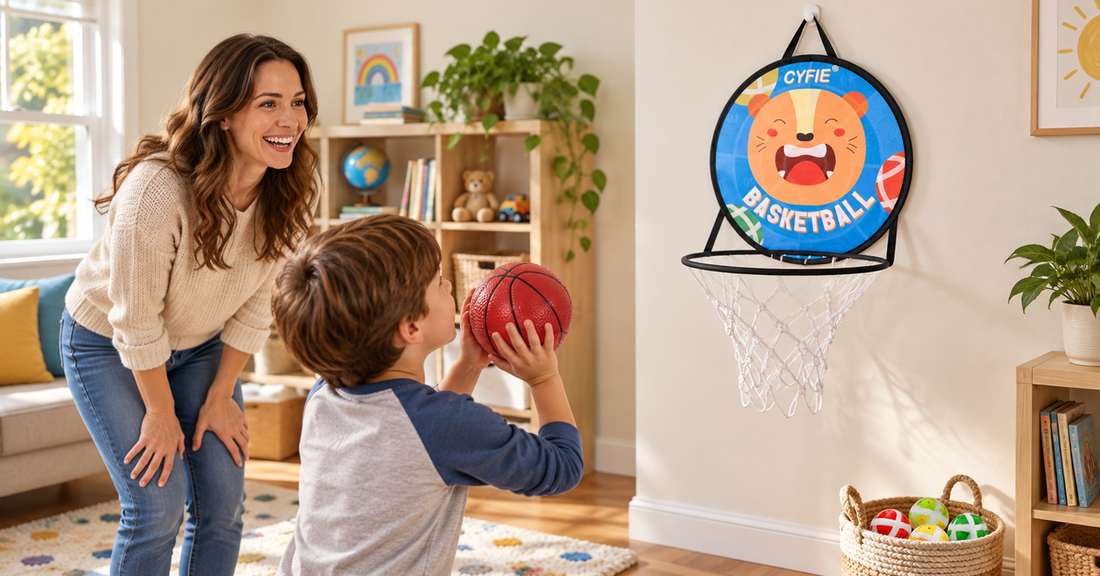 Adult and child preparing a turn with the CYFIE tiger-face basketball toy in a playroom
