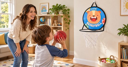 Adult and child preparing a turn with the CYFIE tiger-face basketball toy in a playroom