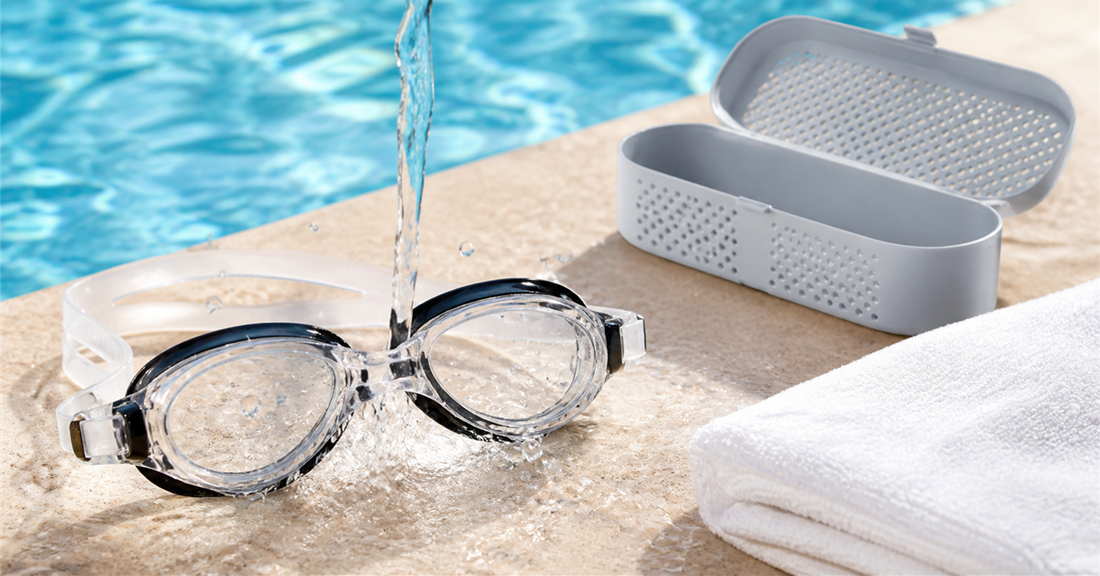 Swim goggles being rinsed gently after a pool session