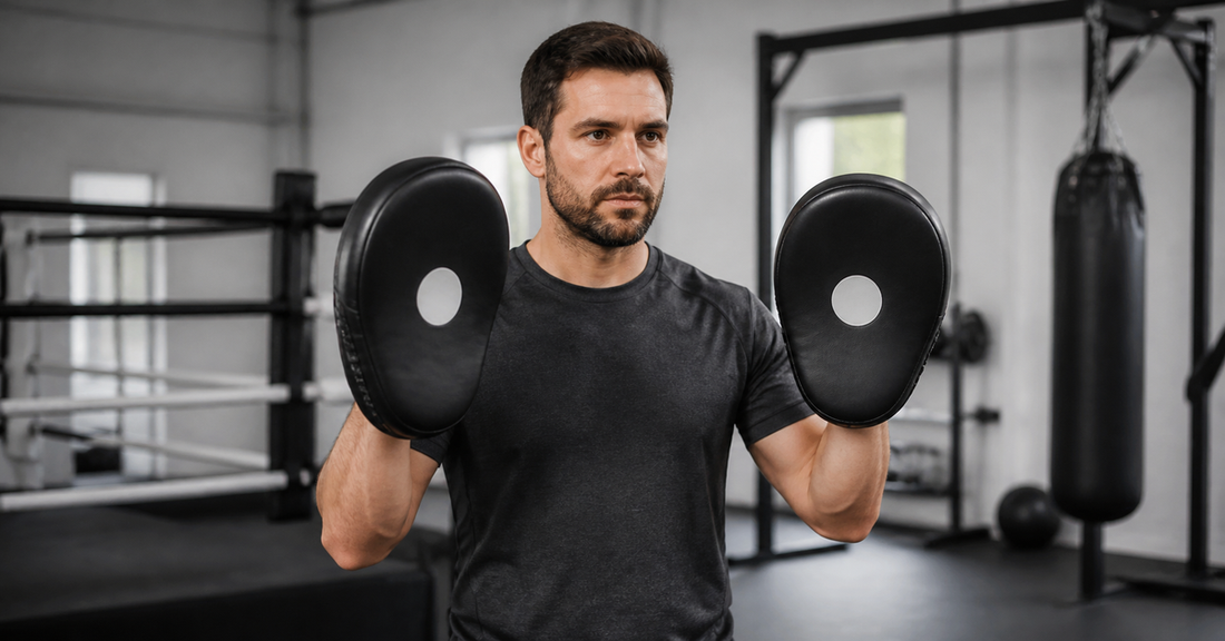 Training partner holding boxing focus mitts in a stable beginner stance