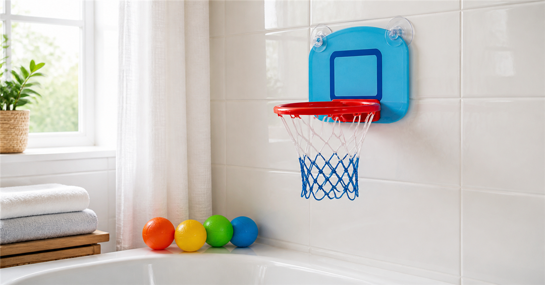 Suction cup basketball hoop mounted safely on smooth bathtub tile