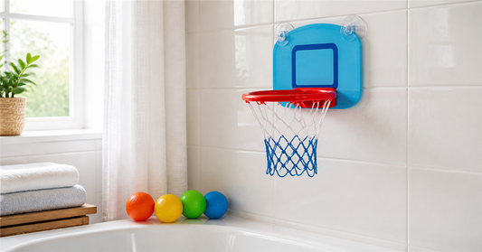 Suction cup basketball hoop mounted safely on smooth bathtub tile