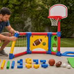 Adult setting up a colorful multi-activity toddler sports center on a clear flat play surface