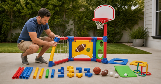 Adult setting up a colorful multi-activity toddler sports center on a clear flat play surface
