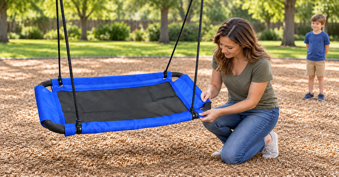 Adult inspecting the blue edge of an empty CYFIE rectangular platform swing in a backyard