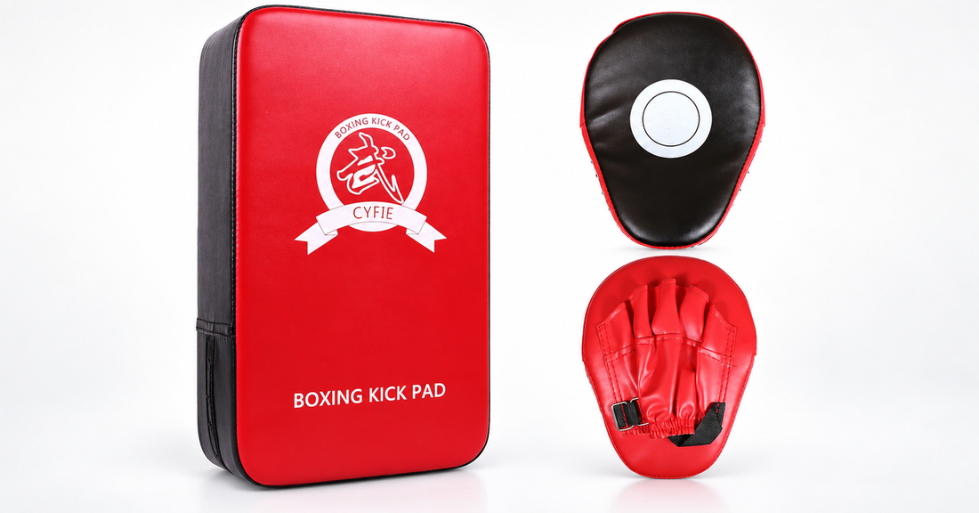 CYFIE red rectangular kick pad and black-and-red target mitt product views