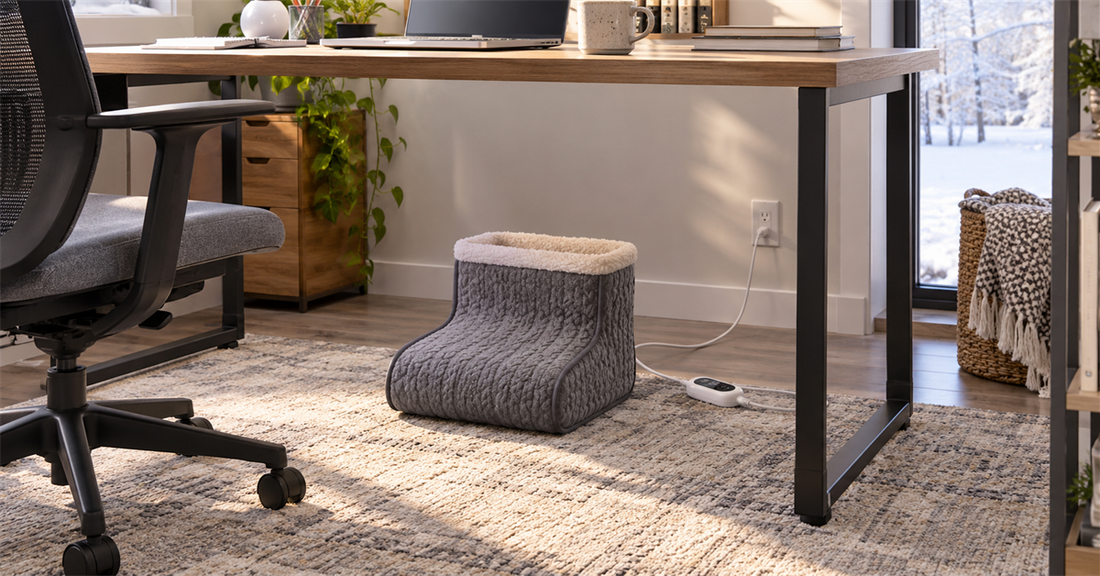 Electric foot warmer positioned under a clear home-office desk with controller and cord visible
