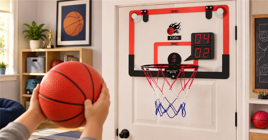 CYFIE red over-door basketball hoop with electronic scoreboard ready for a home shooting game