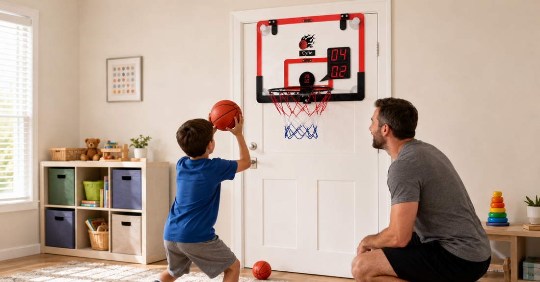 Child practicing at a correctly positioned CYFIE mini basketball hoop with adult supervision