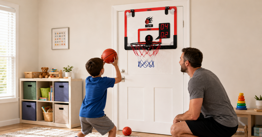 Child practicing at a correctly positioned CYFIE mini basketball hoop with adult supervision