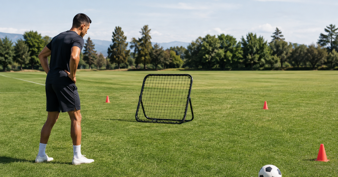 Athlete checking the angle and clear return path of a small rebounder net on grass