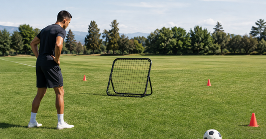 Athlete checking the angle and clear return path of a small rebounder net on grass