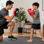 CYFIE kids boxing gloves and pads arranged for a supervised non-contact home practice