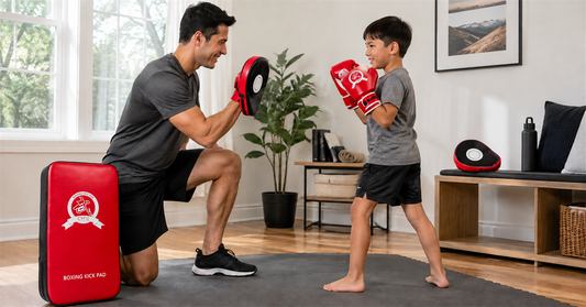 CYFIE kids boxing gloves and pads arranged for a supervised non-contact home practice