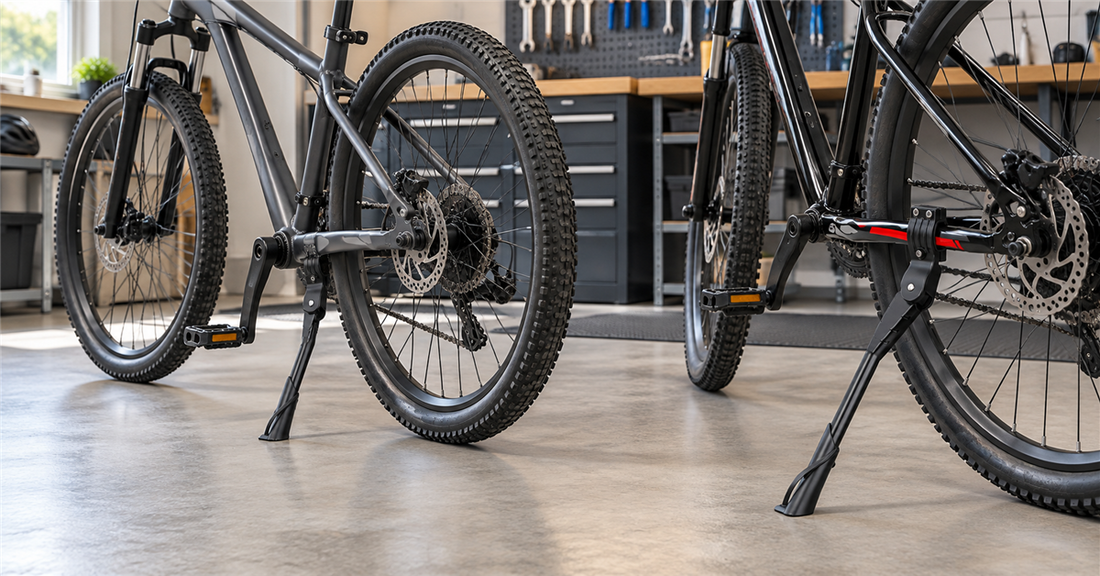 Center-mount and rear-mount bicycle kickstands compared on two bike frames