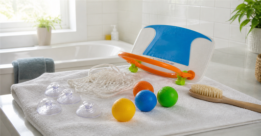 Clean bath basketball hoop, suction cups, net, and toy balls drying