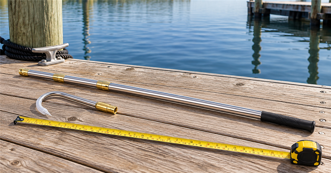Retractable fishing gaff pole and compatible hook arranged on a dock for fit comparison