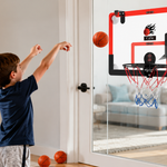 CYFIE indoor basketball hoop shown with suction-cup and over-the-door mounting options in a bright playroom