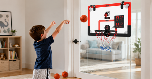 CYFIE indoor basketball hoop shown with suction-cup and over-the-door mounting options in a bright playroom