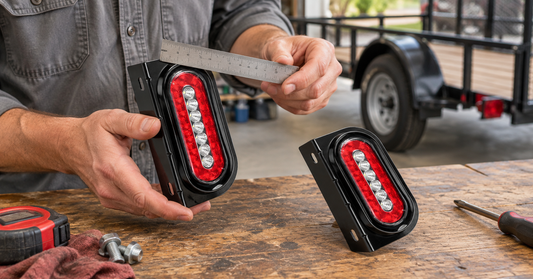 Adult checking the bracket on a red oval CYFIE trailer light at a garage workbench