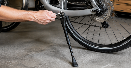 Loose bicycle kickstand being checked with a hex key