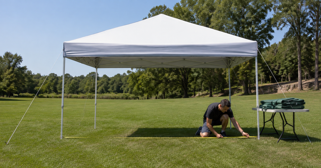 Adult measuring an existing canopy frame beside a folded green sidewall on a calm day