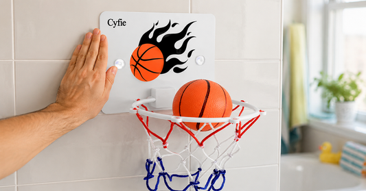CYFIE suction cup basketball hoop mounted on a clean smooth wall for indoor play