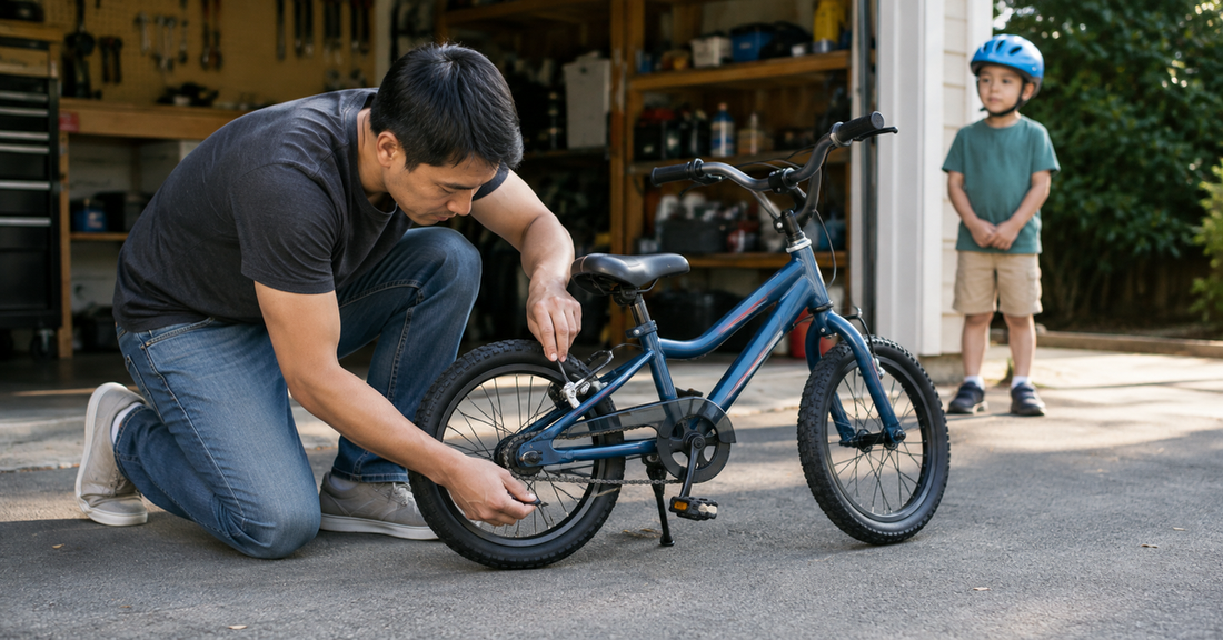 Adult checking the lean and clearance of a kickstand on a small bicycle