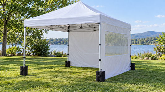 Pop-up canopy with sidewall and sandbags on a lawn
