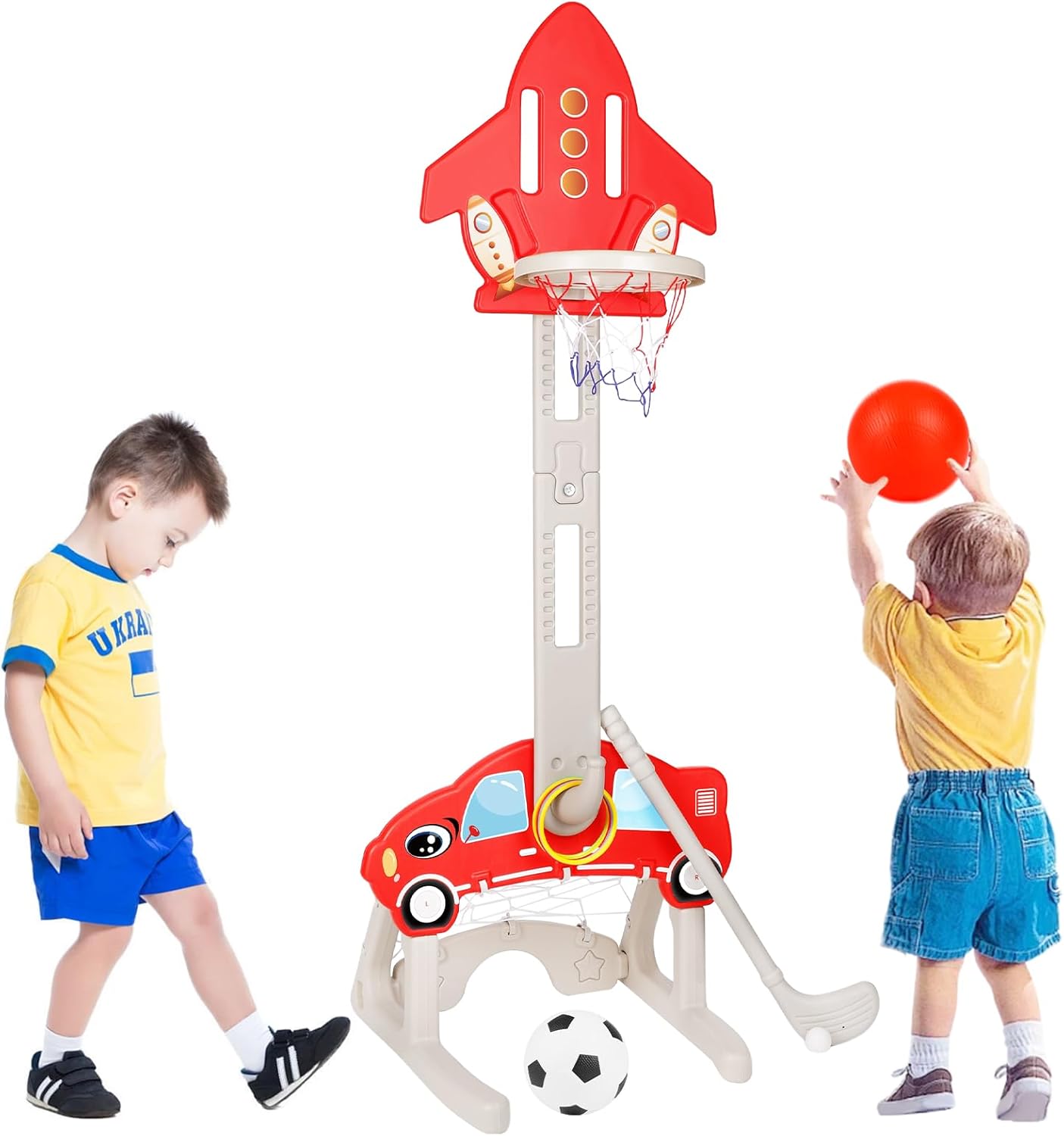 4-in-1 Kids Basketball Hoop Set with Football, Golf & Ring Toss – Adjustable Toddler Sports Center for Indoor & Outdoor Play