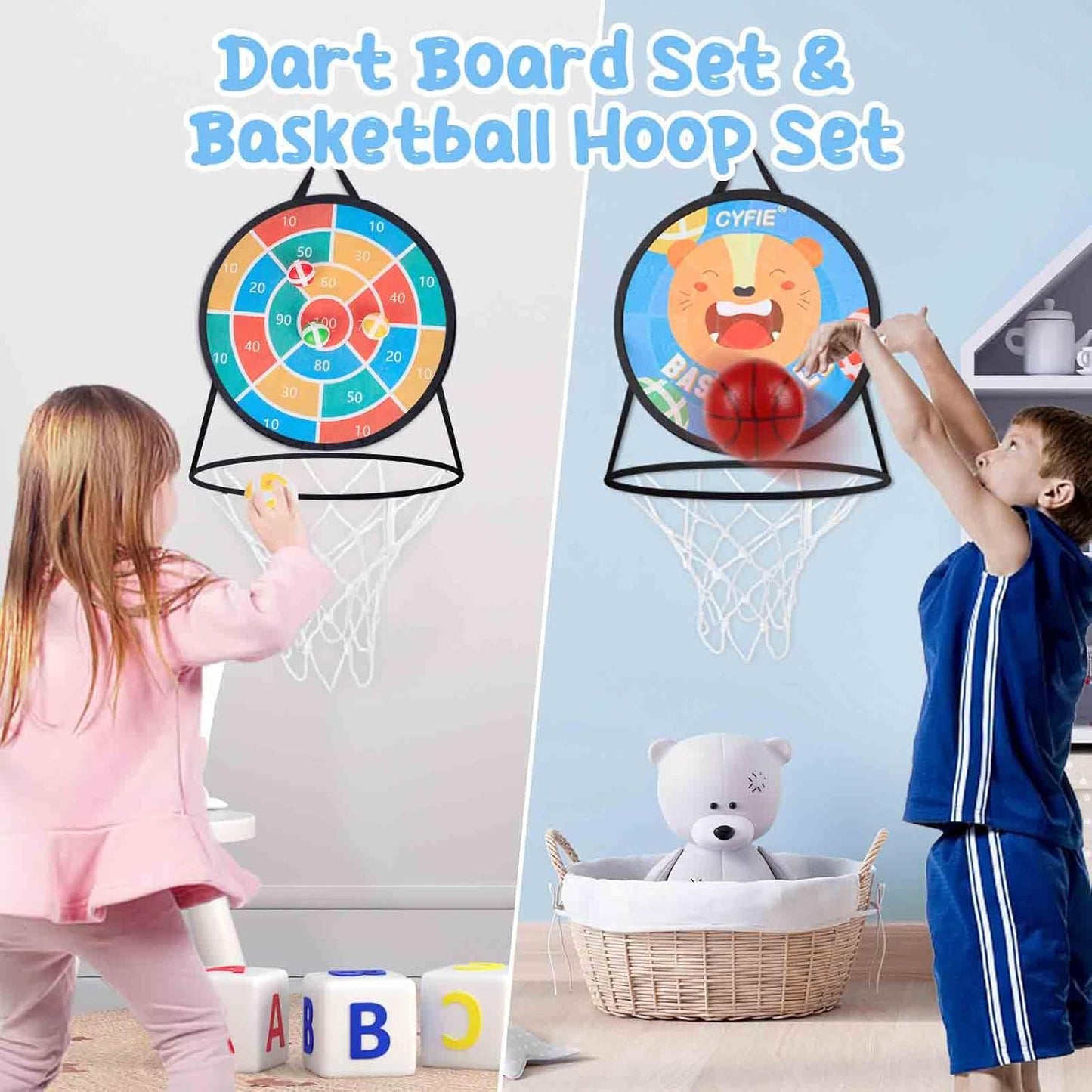 2-in-1 Kids Basketball Hoop with Dart Board – Indoor Sports Toy Set for Boys & Girls
