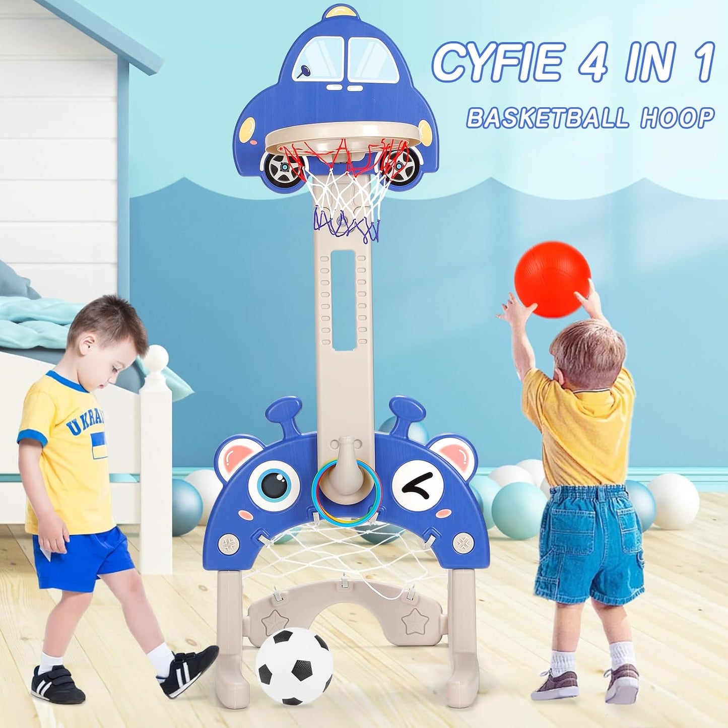 4-in-1 Kids Basketball Hoop Set – Adjustable Height, Football, Golf & Ring Toss