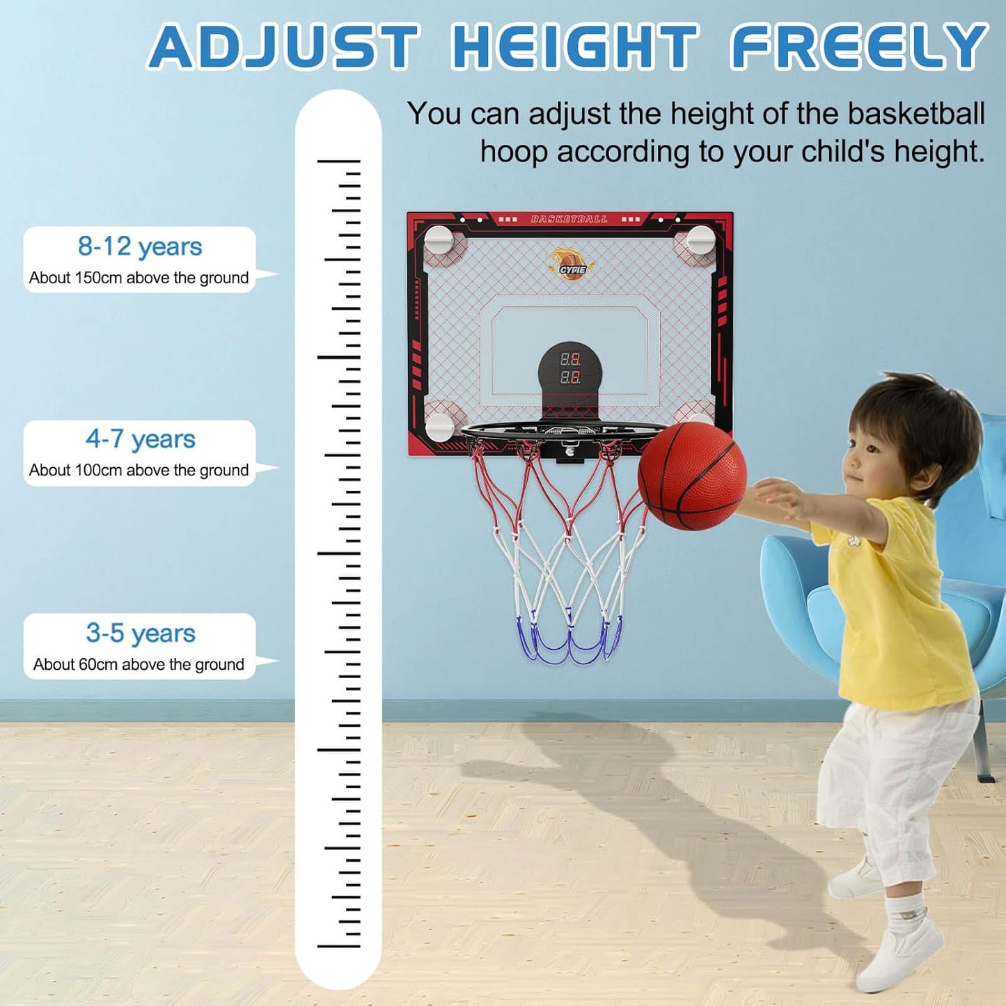 Indoor Mini Basketball Hoop with Electronic Scoreboard, Sound & 3 Balls – Suction Cup Toy for Kids & Teens