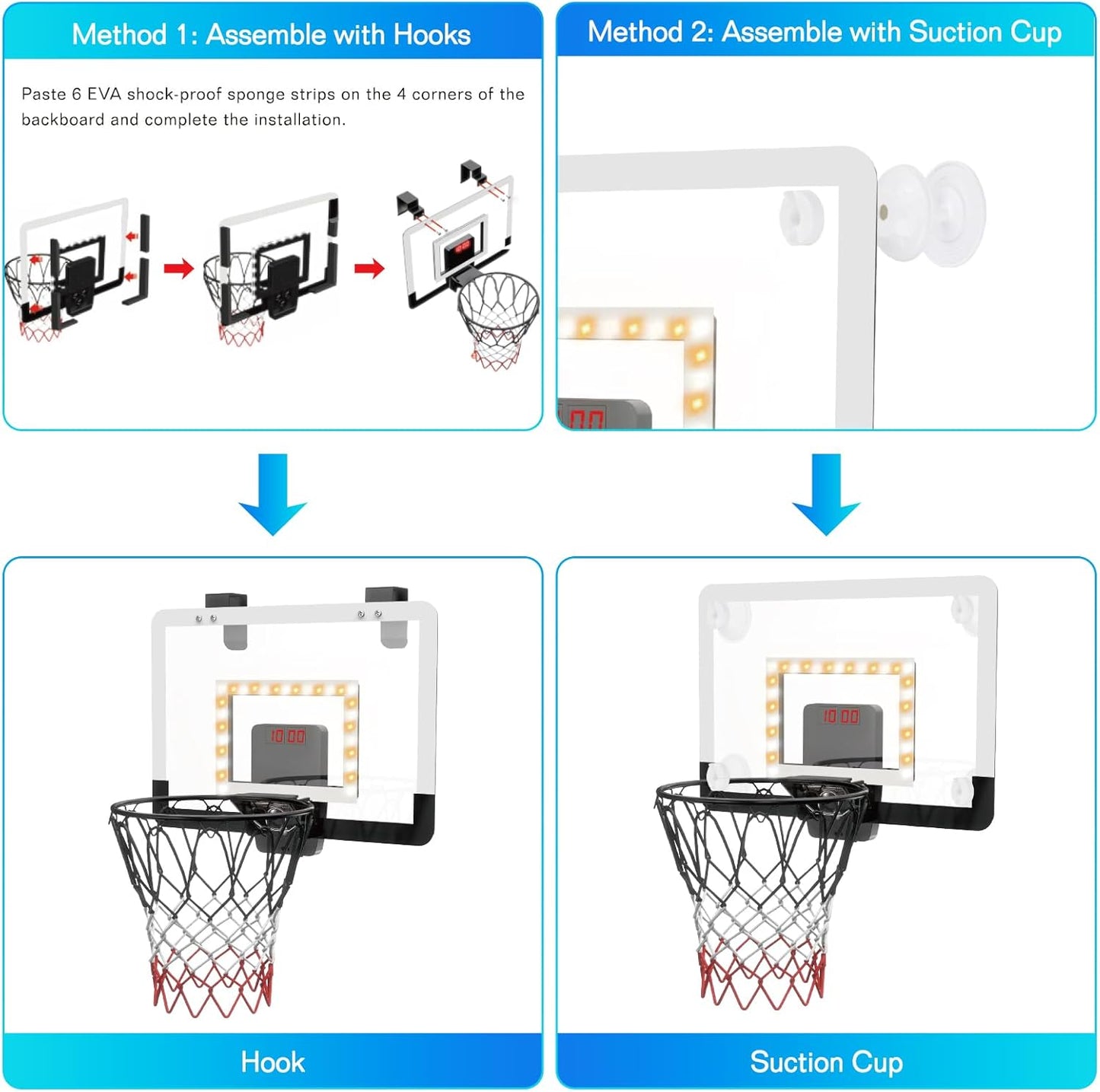 LED Mini Basketball Hoop with Electronic Scoreboard – Over-the-Door & Suction Cup Indoor Set for Kids