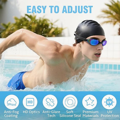 Swim Goggles Set – Anti-Fog, Leak-Proof with Nose Clip, Earplugs, Cap & Case for Men & Women