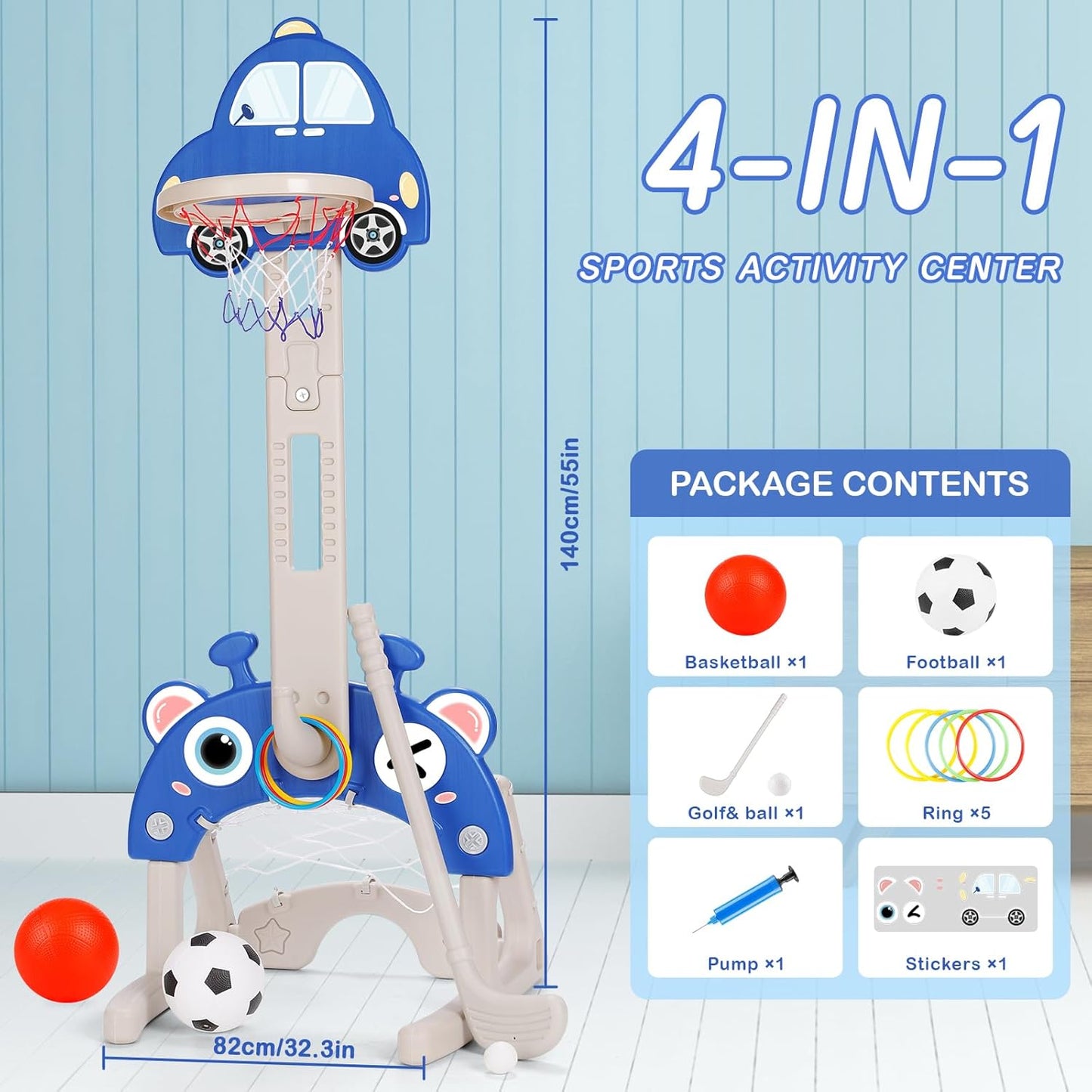 4-in-1 Kids Basketball Hoop Set – Adjustable Height, Football, Golf & Ring Toss