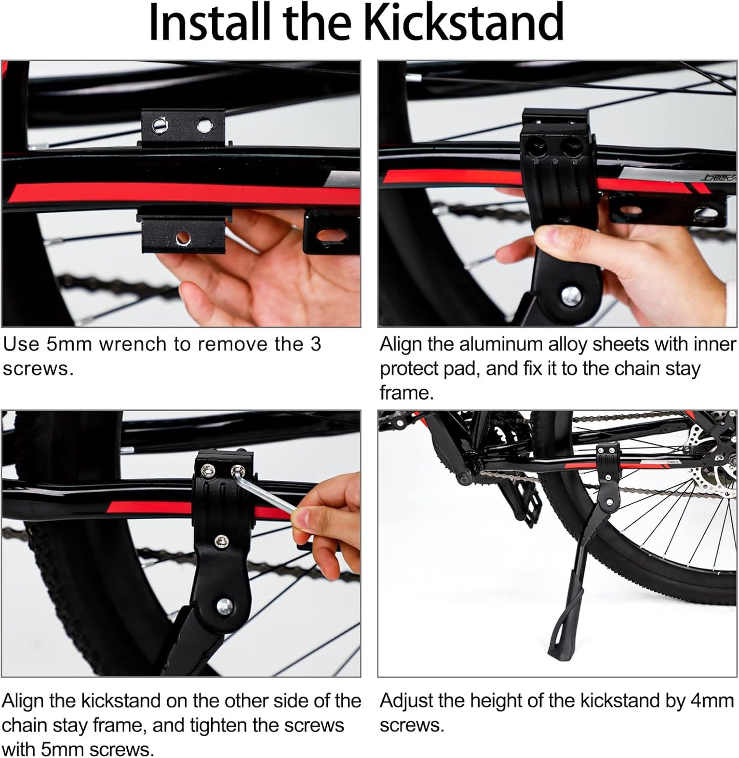 Adjustable Bike Kickstand – Rear Side Stand for 24-29 Inch Mountain, Road, BMX & MTB Bikes, Black