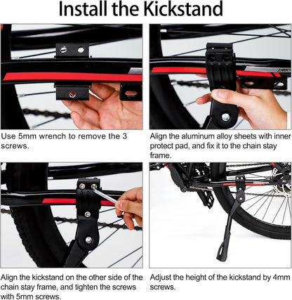 Adjustable Bike Kickstand – Rear Side Stand for 24-29 Inch Mountain, Road, BMX & MTB Bikes, Black
