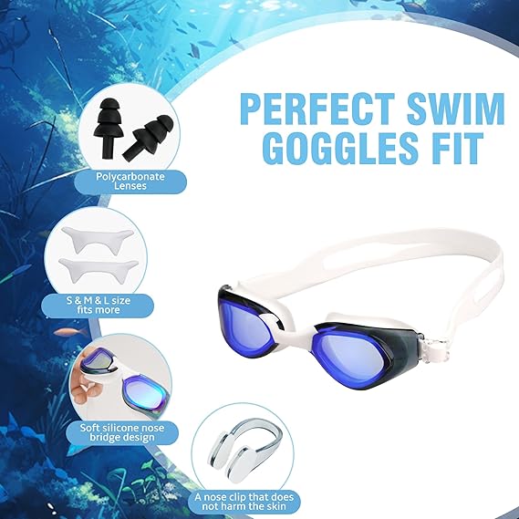 Unisex Swim Goggles Set – Anti-Fog, Leak-Proof with Nose Clip, Earplugs, Cap & Case