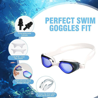 Unisex Swim Goggles Set – Anti-Fog, Leak-Proof with Nose Clip, Earplugs, Cap & Case