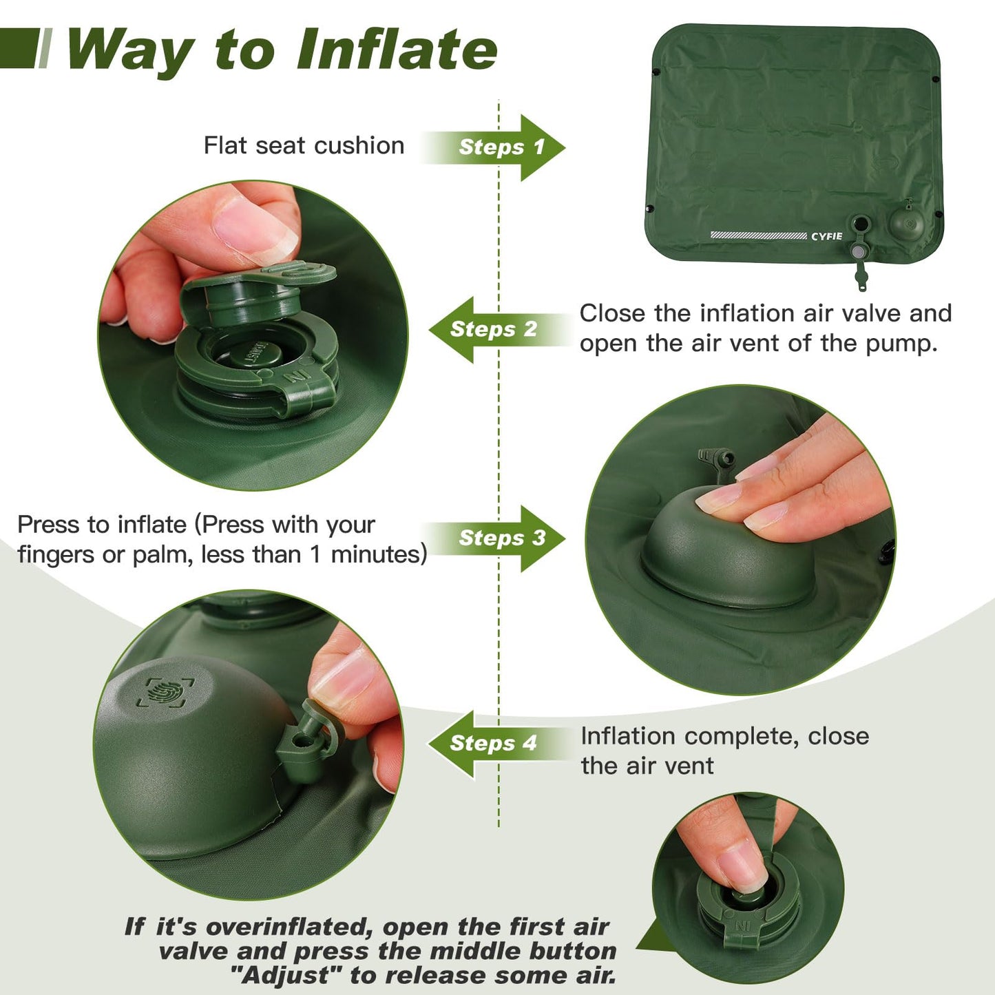 Cyfie Inflatable Seat Cushion for Travel, Portable Stadium Seat | 2.8" thick inflatable cushion, lightweight, water-resistant, ideal as an airplane seat cushion, camping pad and outdoor seat