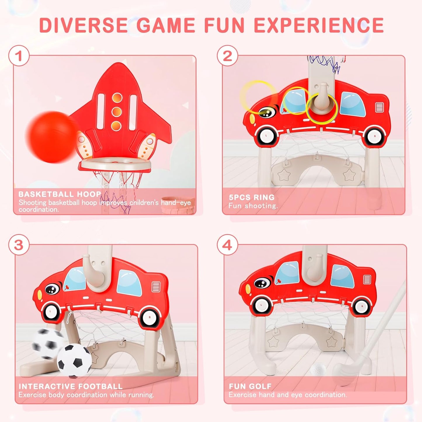 4-in-1 Kids Basketball Hoop Set with Football, Golf & Ring Toss – Adjustable Toddler Sports Center for Indoor & Outdoor Play